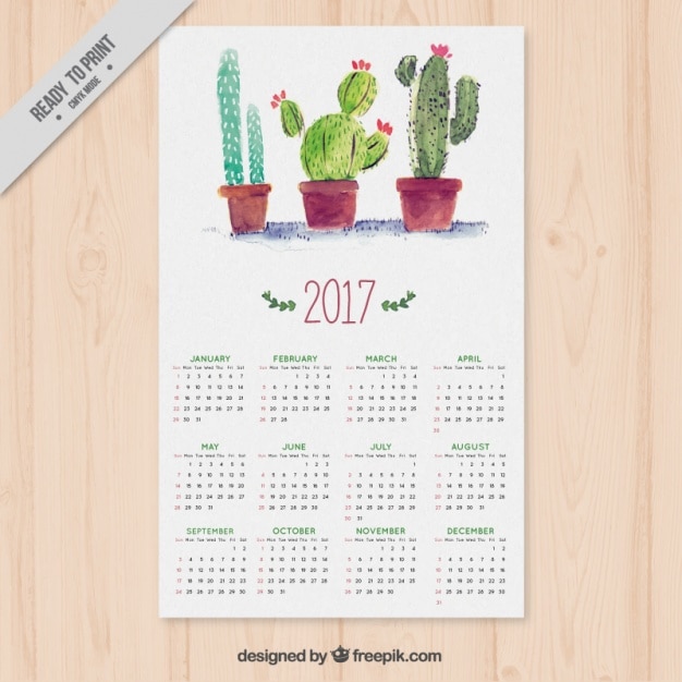 Free Vector Calendar with watercolor cactus