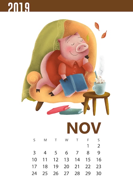 1111年11月のおかしい豚のカレンダーイラスト プレミアムベクター