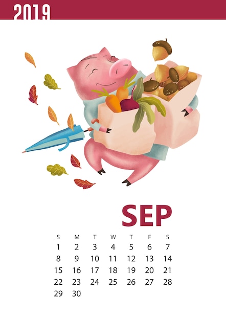 19年9月のおかしい豚のカレンダーイラスト プレミアムベクター