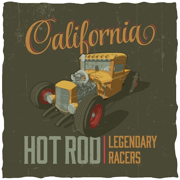 Tシャツのデザインとカリフォルニア伝説のレーサーのポスター プレミアムベクター