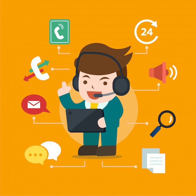 Call center character operator with headset, hotline support, feedback Premium Vector