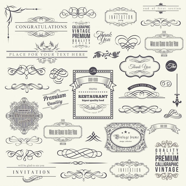 Calligraphic design elements, border corner frame set Premium Vector