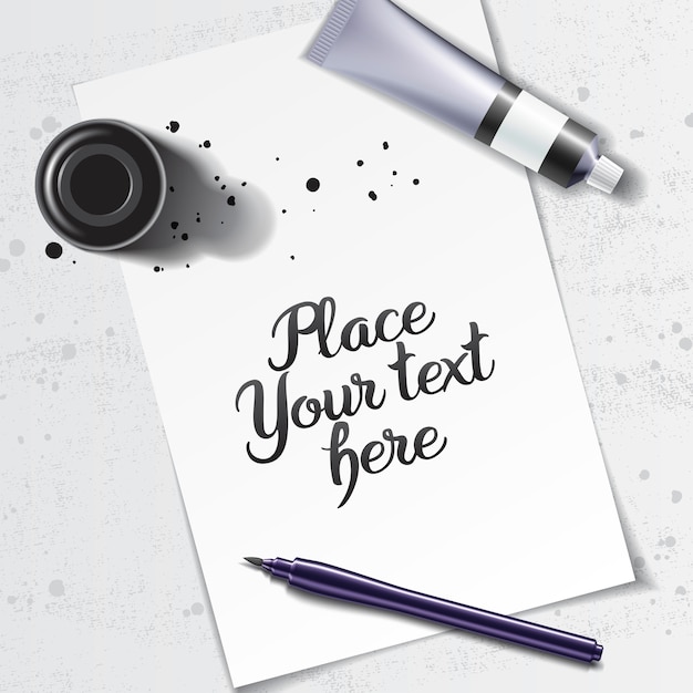 Download Premium Vector | Calligraphy mockup with brush pen and black ink bottle on the space of white ...