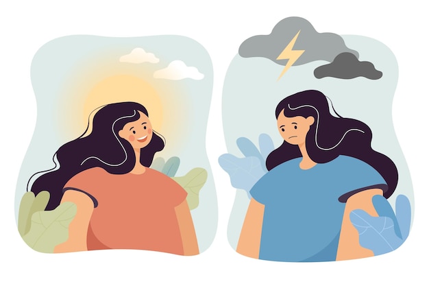Calm girl with white cloud and sun above head and angry girl in stress with thunder and storm. woman in bad and good mood flat vector illustration. premenstrual syndrome, pms, mental health concept Free Vector