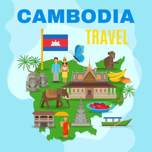 Cambodia Cultural Travel Map Flat Poster Free Vector