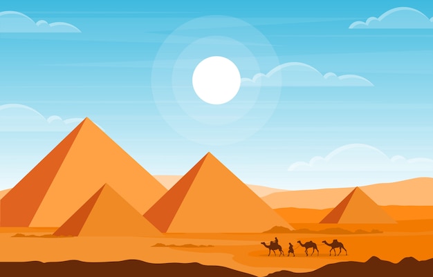 エジプトのピラミッド砂漠アラビア風景イラストを横切るラクダのキャラバン プレミアムベクター