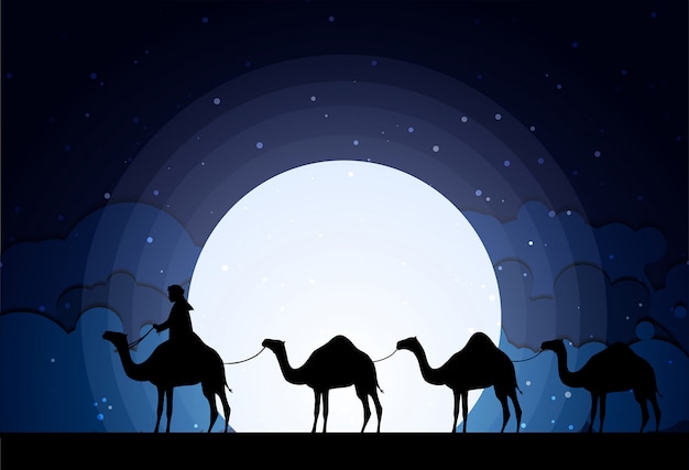 Premium Vector Camels In The Desert Night Moon