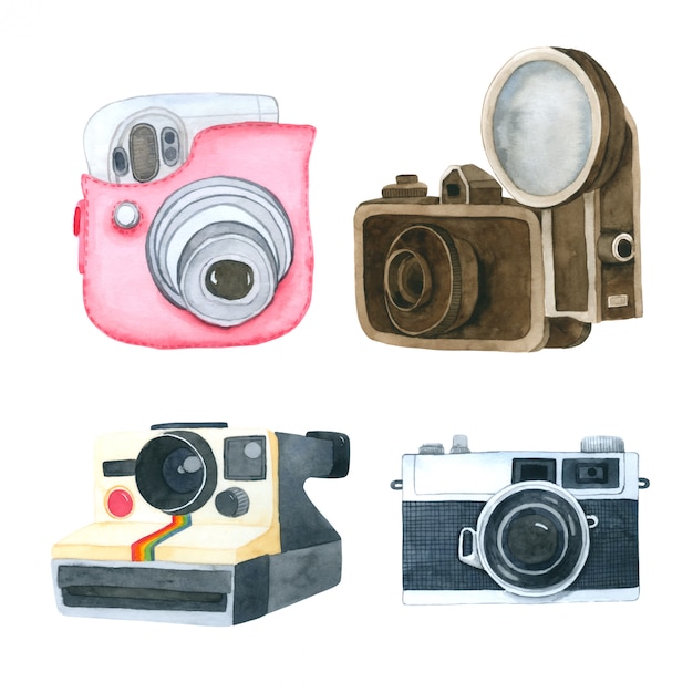 Download Camera watercolor collection on white background Vector | Premium Download