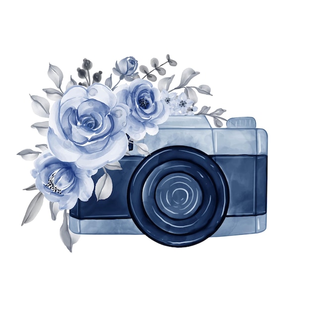 Download Free Vector | Camera with watercolor flowers navy blue ...