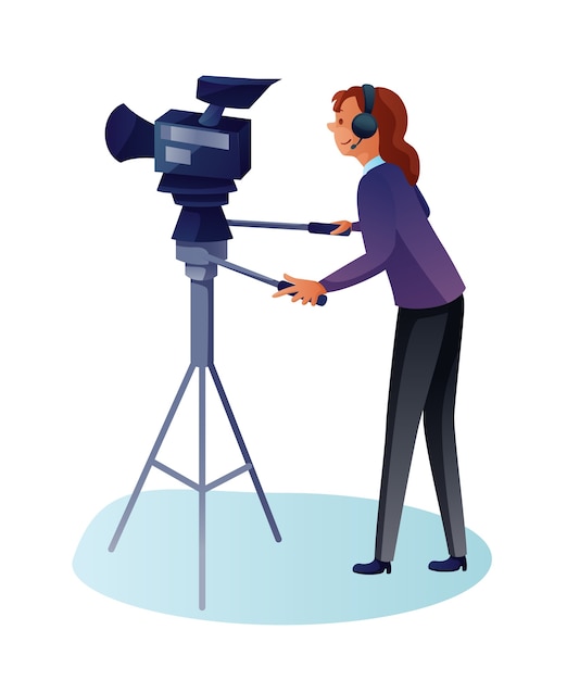 Camerawomanフラット漫画イラスト オペレーターはカメラでビデオを撮影します 三脚でカメラを操作しているtv担当者 オペレーターの撮影 専門の ビデオ技術者 プレミアムベクター