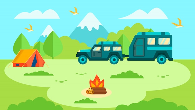 Premium Vector | Camper trailer in forest family trip card design