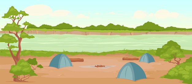 キャンプ場フラットカラーイラスト 野生の川岸 自然の中でのレクリエーション プレミアムベクター