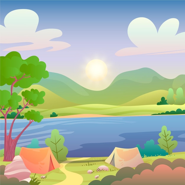 湖のあるキャンプ場の風景イラスト 無料のベクター