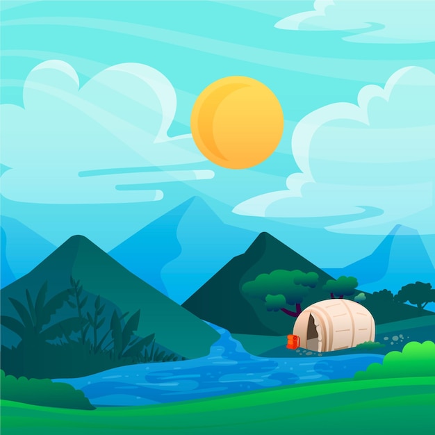 川とキャンプ場の風景イラスト 無料のベクター