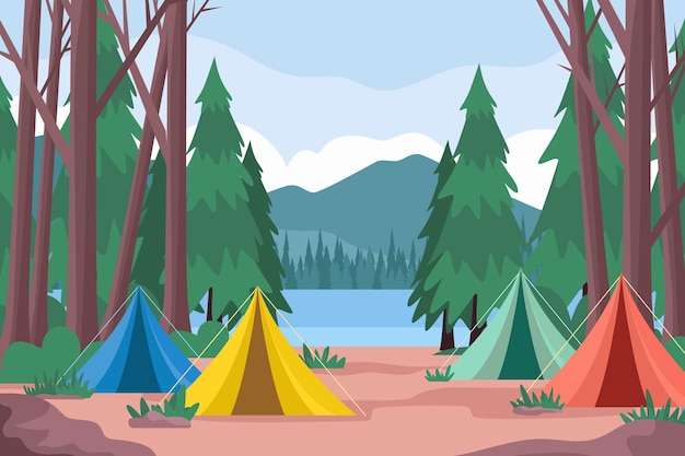 テントと森とキャンプ場の風景イラスト 無料のベクター
