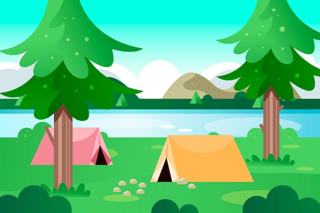 テントと湖のあるキャンプ場の風景イラスト 無料のベクター