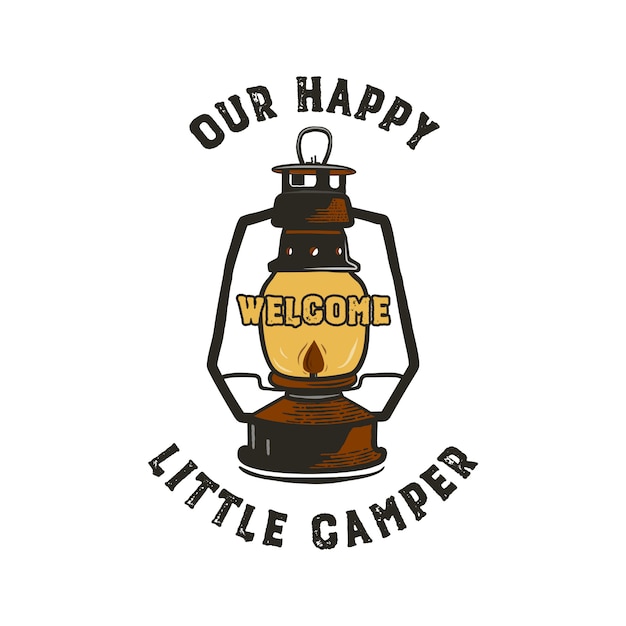 キャンプバッジデザイン キャンプランタンエンブレムイラスト付きの私たちの幸せな小さなキャンピングカーの引用 プレミアムベクター