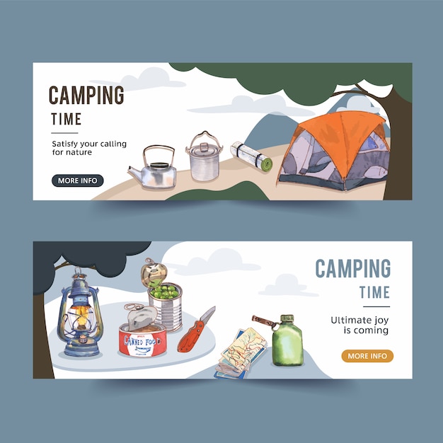 Download Free Vector | Camping banner with camper tools illustrations