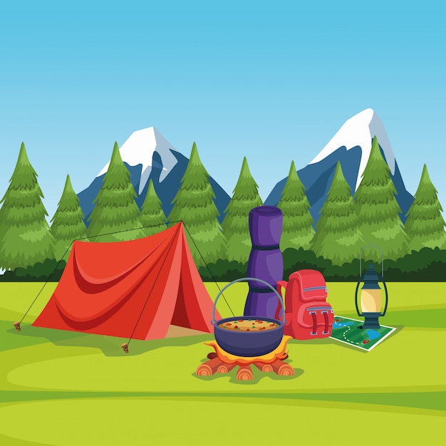 Download Camping elements in a rural landscape Vector | Free Download