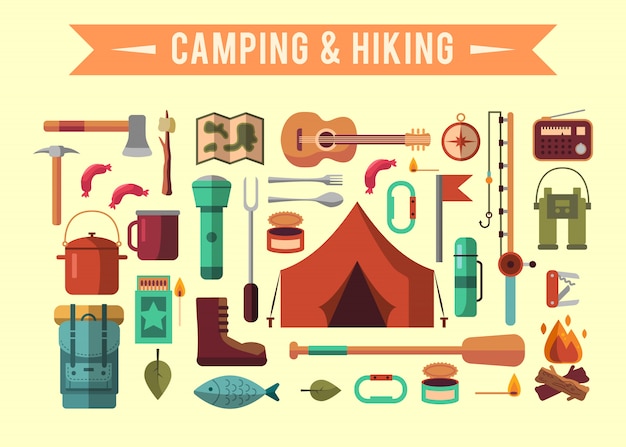 Camping flat set with hiking equipment and
outdoors cooking icons