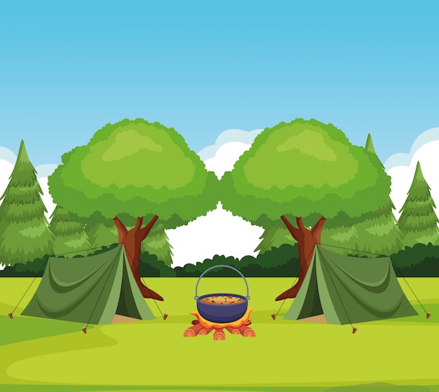 Camping in the forest with tents and bonfire with pot with food Premium Vector