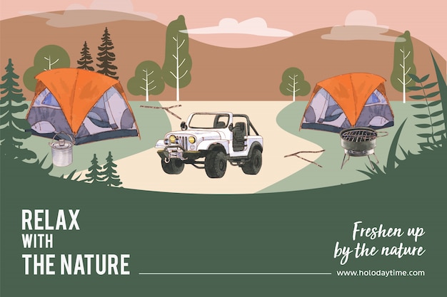 テント 車 鍋 山 ストーブのイラストとキャンプフレーム 無料のベクター