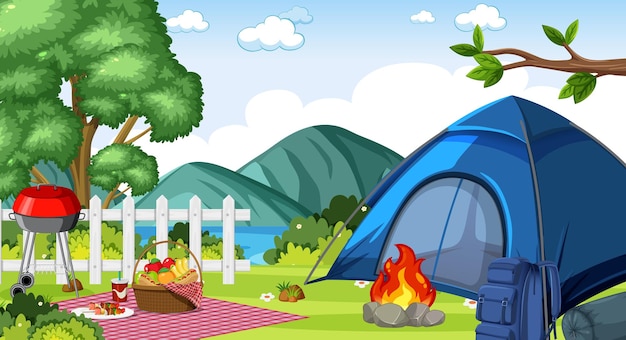 Premium Vector | Camping or picnic in the nature park at daytime scene