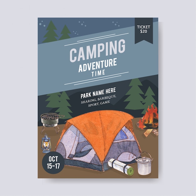 テント バン ランタン グリルストーブのイラストとキャンプポスター 無料のベクター