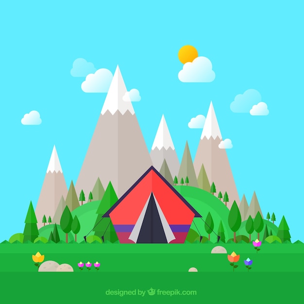 Camping tent with mountains background