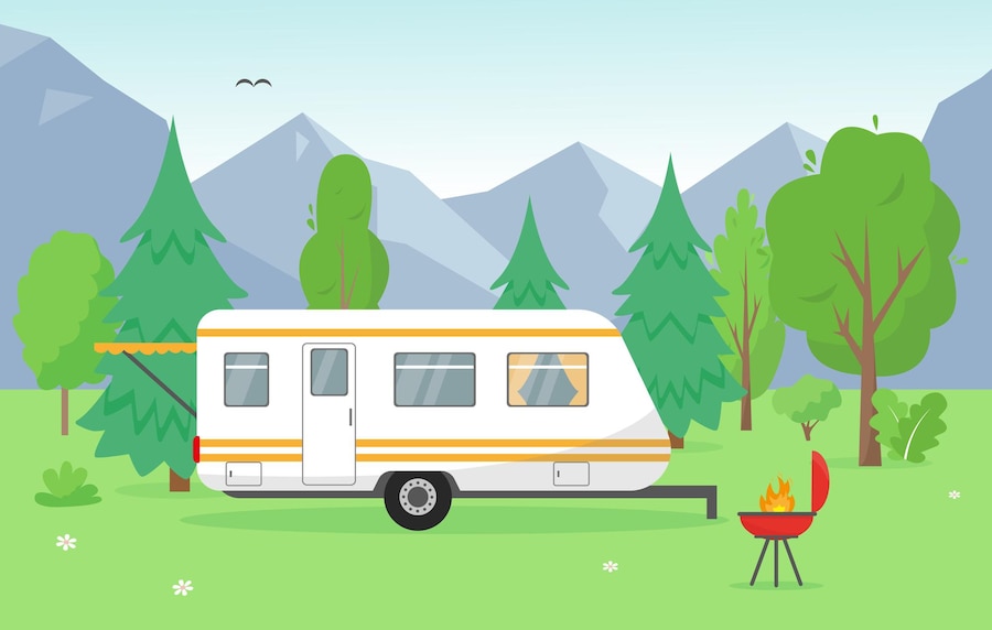 Premium Vector | Camping trailer near mountains. summer or spring ...