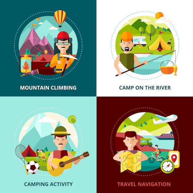 Camping types design concept four square icons abstract composition banner vector illustration Free Vector
