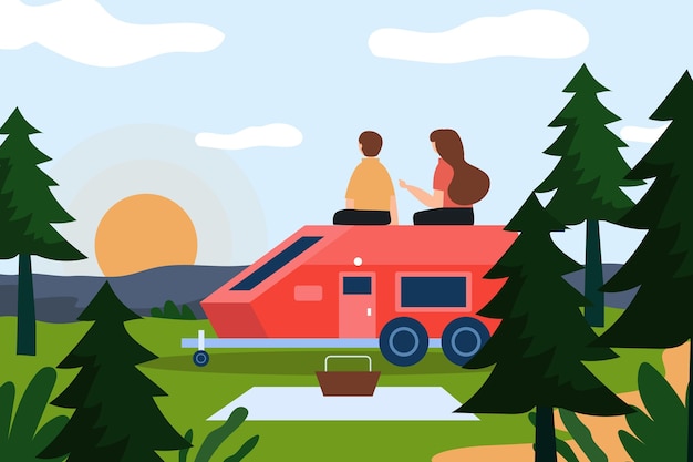 Free Vector | Camping with a caravan illustration with man and woman