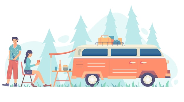 Free Vector | Camping with a caravan illustration with man and woman