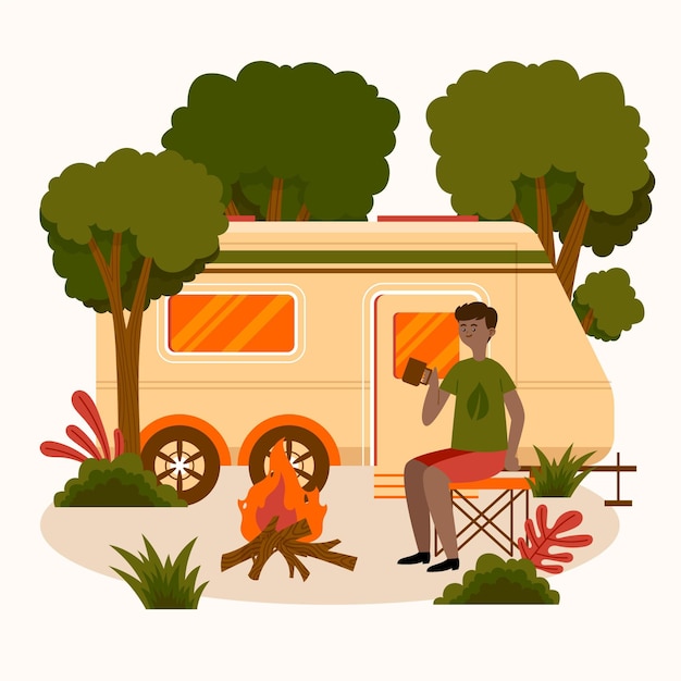 Free Vector | Camping with a caravan illustration