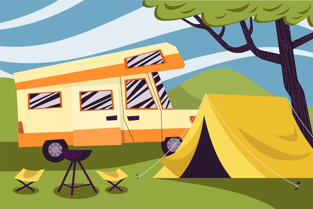 Free Vector | Camping with a caravan and tent illustration