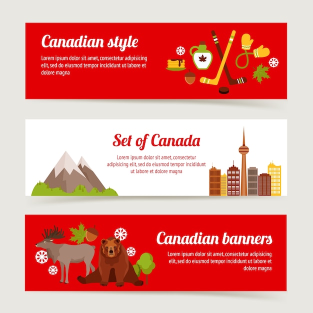 Canada colored horizontal banner set with sport\
animals architecture isolated vector illustration