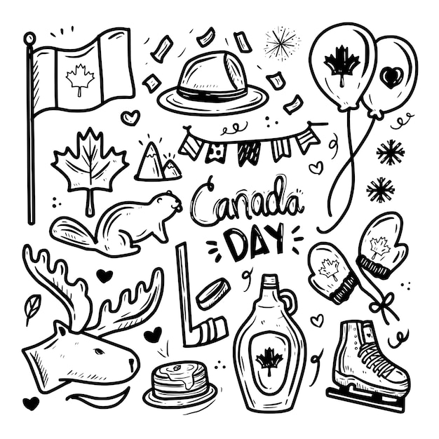 カナダの日アイコン落書き図面セットコレクション プレミアムベクター