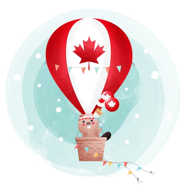 プレミアムベクター かわいいビーバーと熱気球でカナダの旗のカナダ日イラスト