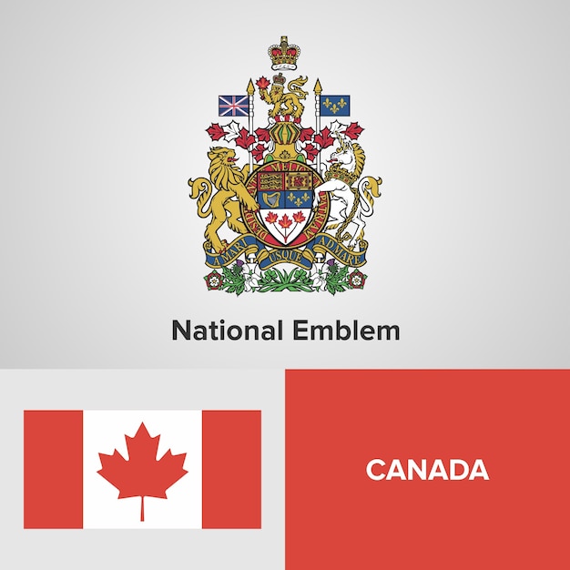 Premium Vector | Canada map, flag and national emblem