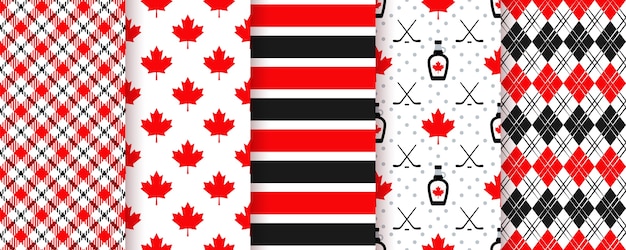 カナダのシームレスなパターン 幸せなカナダの日のテクスチャ カナダのプリントのセット 赤黒のイラスト プレミアムベクター