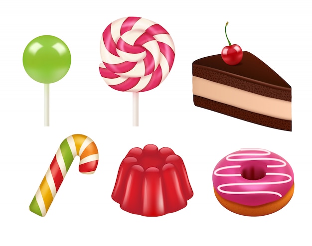 お菓子のリアルな写真 キャラメルとチョコレートのお菓子の色付きのロリポップと吸盤 お菓子のリアルなイラスト プレミアムベクター