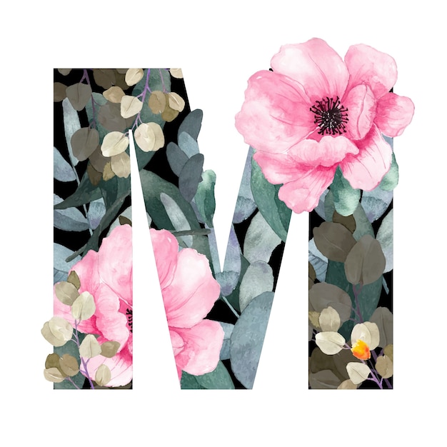 Premium Vector | Capital letter m floral style. with flowers and leaves ...
