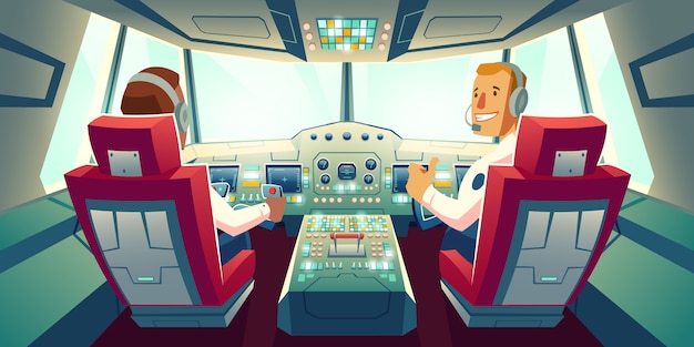 Captain And Co Pilot Sitting In Airplane Cabin With Flight Deck