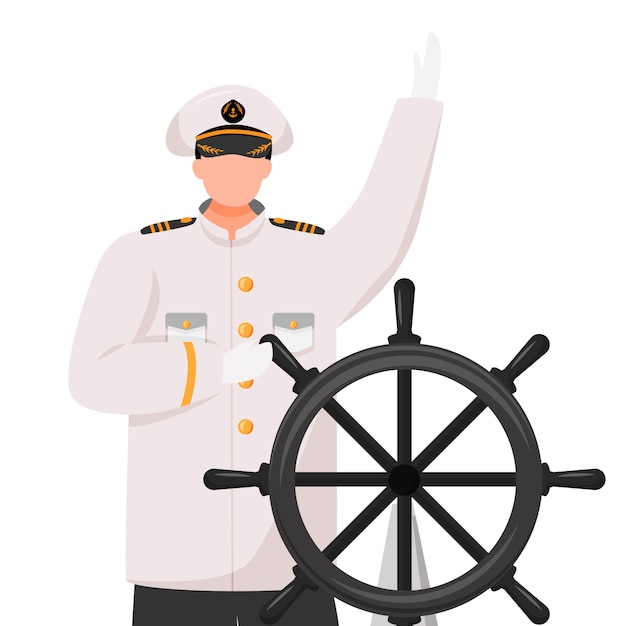キャプテンフラットイラスト クルーズライナー 舵取り付きナビゲーター 船員 白い背景の仕事制服分離漫画のキャラクターのスキッパー プレミアムベクター