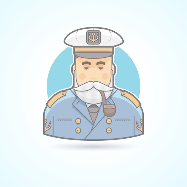 船の船長 旗役 船乗りのアイコン アバターと人のイラスト 色付きのアウトラインスタイル プレミアムベクター