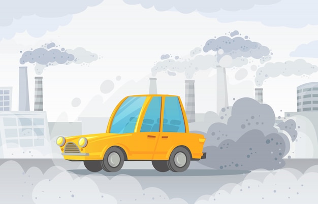 車の大気汚染 都市道路スモッグ 工場の煙 工業用二酸化炭素雲ベクトルイラスト プレミアムベクター