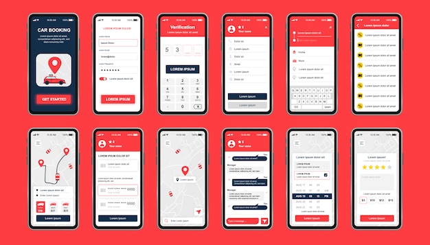 モバイルアプリのユニークなデザインキットを予約する車 チャット 評価 ユーザープロフィール 市内地図が表示されたオンラインのレンタカー注文画面 カーシェアリングサービスui Uxテンプレートセット レスポンシブモバイルアプリケーションのgui プレミアムベクター