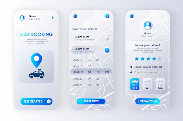 Car booking unique neomorphic  kit for app. car sharing service ui, ux template set. online rent car