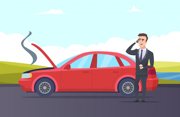車の故障 道路援助の漫画イラスト ビジネスマンは車の修理サービスが必要 プレミアムベクター