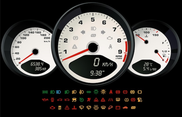 車のステータスを示す一連の情報アイコンを備えた車制御の白いインターフェース ベクトルイラスト ゲームまたはwebアプリのテンプレート プレミアムベクター